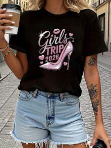 1 Piece Of Women's Spring-Summer Short-Sleeved T-Shirt, With Round Neck And "Girls TRIP 2026" Text Print, Sweet And Fresh Style, Ideal For Casual Shopping, Holiday Gifts, Friend Gatherings, Music Parties And Holiday Outfits, 180g 100% Cotton. - 黑色 - 查看 1