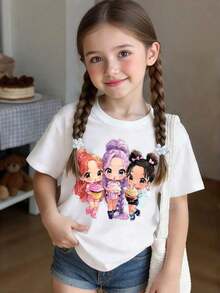 Short-Sleeved T-Shirt With Round Neck And Cartoon Print For Young Girls - 白色 - 查看 3