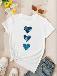 Playera 100% algodón con corazones en tonos azules estilo patchwork - [Blanco] - Ver 2