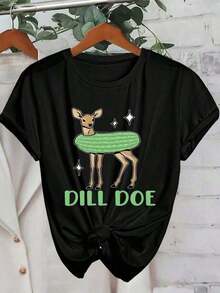 Women's Short-Sleeved Crew Neck T-Shirt With A Fun And Edgy Pickled Vegetable Graphic Print. Casual And Loose-Fitting, Made With Soft, Breathable Fabric, Perfect For Holiday Parties Or As A Gift. Suitable For Spring, Summer, And Fall. - 黑色 - 查看 7