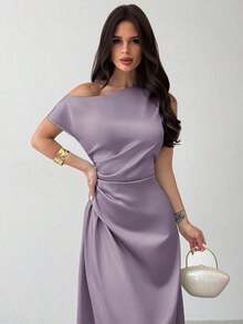 Vestido elegante asimétrico de hombro con pliegues y bajo de cola de sirena en color verde, adecuado para citas, vacaciones, bodas, eventos, regreso a la escuela, graduación, vestido de dama de honor formal, vestidos elegantes para mujer - Púrpura polvoriento - Ver 5