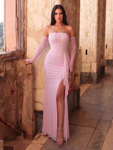 Faeriesty Pink Ruched Fitted Dress With Gloves, Elegant Side Ruffle Slit Trumpet Evening Gown Suitable For Party, Vacation, Formal Dinner, Beach Wedding Spring - Pink - View 6