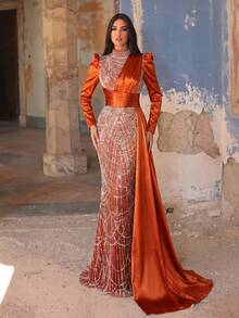 Faeriesty Elegant High Neck Long Gown With Beaded Mesh Bodice,Puff Sleeves & Cascading Cape,Slim Fit Silhouette,Weddings,Photo Shoots Party - Rust Brown - View 5
