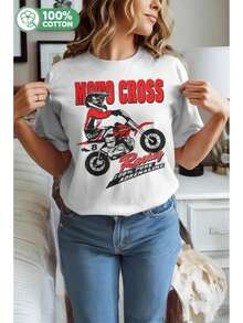 Women's Motocross Supercross T-Shirt - Motorcycle Racing Design With Rider And Motocross Track Print, Loose And Casual Fit For Riding, Dirt Track Events And All Season Comfort (Short Sleeve And Crew Neck) - Clothing For Motorcycle Enthusiasts - White - View 1