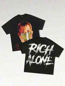 Women's Double-Sided Casual T-Shirt, Rich Print, Short Sleeve, Round Neck, American Streetwear Style, 2026, 100% Cotton, Durable - 黑色 - 查看 1