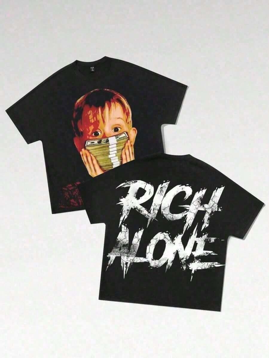 Women's Double-Sided Casual T-Shirt, Rich Print, Short Sleeve, Round Neck, American Streetwear Style, 2026, 100% Cotton, Durable - 黑色 - 查看 1