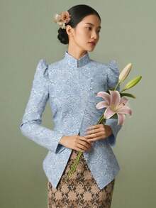 Modern Elegant Kebaya Women's Stand-Collar Top Shirt, Irregular Design, Elegant, 3D Floral Pattern, Nyonya Style, Blue Top - 藍色 - 查看 1
