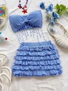 Nuevo conjunto informal de vacaciones de primavera/verano para invitados a bodas en la playa, graduación, brunch, Día de San Patricio, vacaciones de primavera, Pascua, festivales de música, elegante, bohemio, tropical, con volantes y decoración de perlas, top sin tirantes y conjunto de 2 piezas de punto azul para mujer - Azul - Ver 8