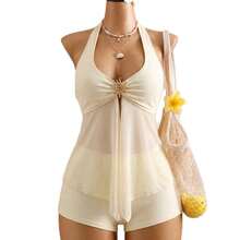 Traje de baño de encaje con cuello halter, tirantes ajustables, volantes, bikini de dos piezas que realza la figura, ideal para aguas termales. - Albaricoque - Ver 4