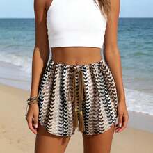 Women's Bohemian Style Beach Shorts, Openwork Knit With Print And Tassel Bow. - 圖片色2 - 查看 4