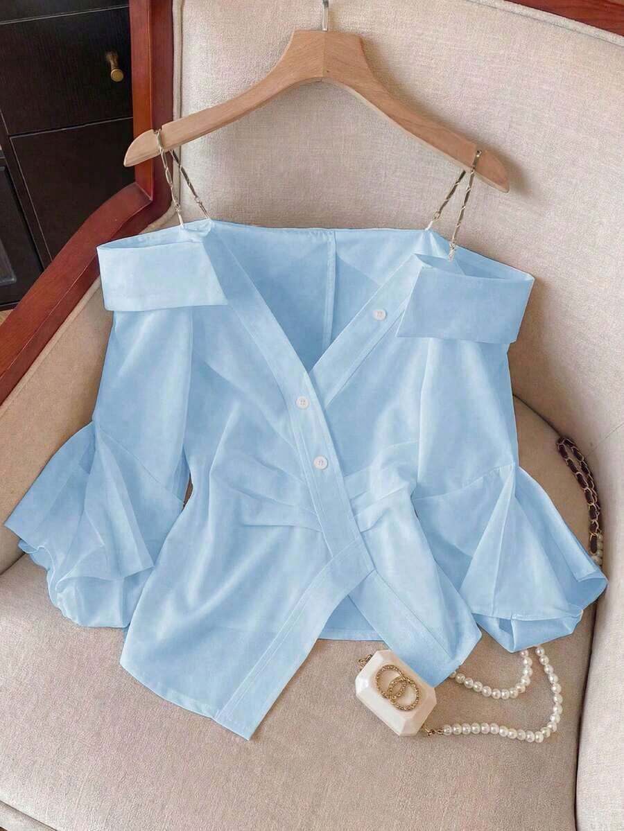 Blusa casual, de oficina y para ir al trabajo, de unicolor con cadena, hombros descubiertos, cintura plisada y bajo asimétrico, adecuada para primavera, verano y otoño - Azul - Ver 1