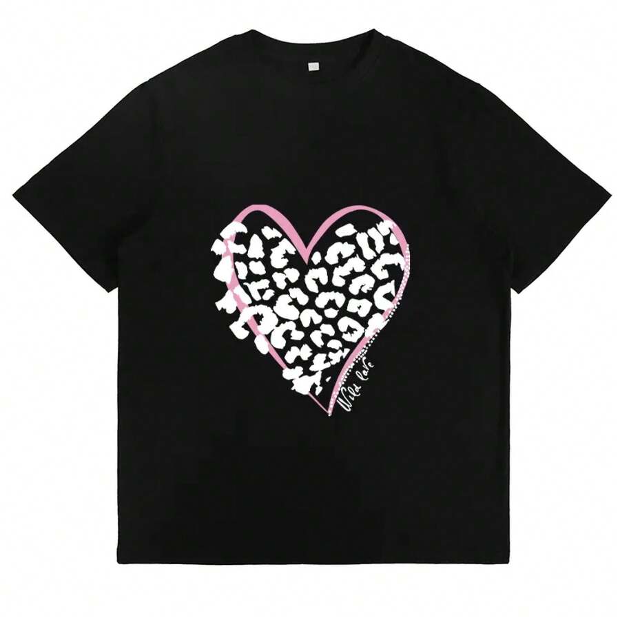 Camiseta con Estampado de Leopardo y Corazón Wild Love, Rosa, Linda, Romántica, Moderna y Casual para Mujer - Negro - Ver 1