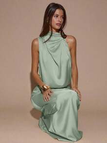 Vestido asimétrico sin mangas de color crema y amarillo, vestido de noche minimalista y sexy para fiesta, cóctel, boda, cumpleaños, vestido largo de satén - verde menta - Ver 4