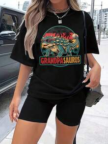 1 Piece Unisex Loose-Fitting Short-Sleeved T-Shirt, Crew Neck, 180g, 100% Pure Cotton, With A Retro Family Dinosaur Print (Grandpasaurus/Grandmasaurus/Sistersaurus) With Sunset And Palm Trees. Y2K Bababask Style, Y-Inspired, Ideal For Summer, Everyday Wear, Festivals, Beach Outfits, Suitable For Plus Sizes And All Year Round. - 黑色 - 查看 6