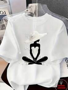 Elegant And Luxurious High-End Outfit With A Touch Of Temperament - Women's Printed T-Shirt - Feminine Design Adorned With Pearls And Crystals | Lightweight Luxury, Gorgeous Everyday Wear | Soft And Breathable Fabric, Casual Spring/Summer Round Neck Short Sleeve T-Shirt - 白色 5 - 查看 1