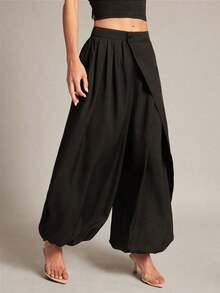 Pantalones casuales de unicolor asimétricos para mujer, pantalones de diseño suelto con cordón, longitud hasta el tobillo con botón y cremallera con pliegues - Caqui - Ver 10
