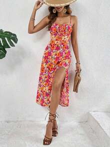 Frenchy Vestido de verano sin mangas para mujer con estampado floral, tirantes espagueti, fruncido en el pecho y abertura en el muslo - Multicolor - Ver 4