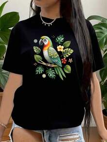 ropa de mujer Camiseta de manga corta para mujer con estampado de loro blanco y hojas tropicales, ropa casual para el verano, actividades al aire libre y uso diario camisas de mujer - Negro - Ver 6