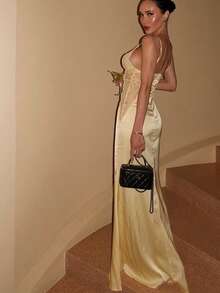Vestido largo ajustado con tirantes encaje combinado satén estilo elegante sensual - Amarillo - Ver 4