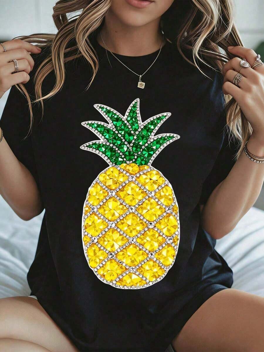 Camiseta con Pedrería de Piña, Estampado de Fruta Tropical para Festival de Verano, Ropa Casual Blanca para Mujer, Atuendo para Vacaciones en la Playa, Primavera y Verano - Negro - Ver 1