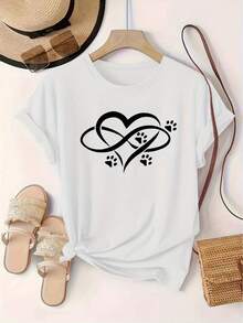 Camiseta de manga corta con cuello redondo y estampado de corazones, estilo europeo y americano. Camiseta de algodón puro para mujer con diseño estampado. 3CHX - Blanco - Ver 6