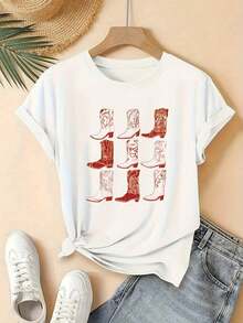 Camiseta con Estampado Gráfico de Vaqueros y Botas del Oeste, Manga Corta, Cuello Redondo, Estilo Casual para Verano y Primavera, Ropa de Mujer - Estilo Vintage Urbano, Unisex, Camiseta Holgada de Algodón de Manga Corta y Cuello Redondo - Blanco - Ver 2