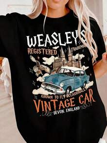 Women's Clothing, Casual Short Sleeve T-Shirt 100% Cotton With Vintage Weasley Flying Car Print, Graphic T-Shirts For Women, Tops, Summer Sets, Women's Shirts - Black - View 1