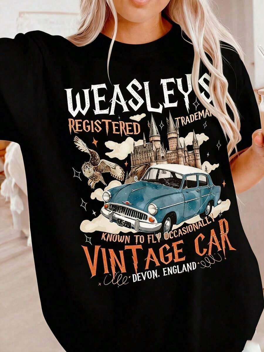 Women's Clothing, Casual Short Sleeve T-Shirt 100% Cotton With Vintage Weasley Flying Car Print, Graphic T-Shirts For Women, Tops, Summer Sets, Women's Shirts - Black - View 1