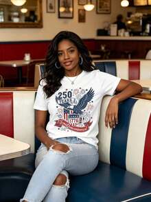 Camisetas Casuales para Mujer, Camiseta de Cuello Redondo para Mujer con Diseño Patriótico de Fuegos Artificiales del Semiquincentenario de 250 Años (1776) para Celebración del Día de la Independencia, Estilo Y2K, Camisetas de Moda de Verano, Conjuntos y Tops Casuales de Streetwear - Blanco - Ver 4
