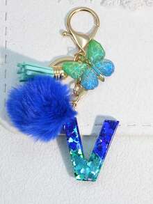 1pc Blue Heart Letter Keychain With Butterfly & Flower Decor, Women Bag Charm, Gift Keyring With Pom Pom - Royal Blue - View 25