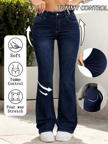 Pantalones vaqueros de mujer con bolsillo delantero y abotonado, Jeans acampanados elásticos, ajustados y versátiles para mujer, estilo casual sencillo, campana para uso diario - 2002 - Ver 1