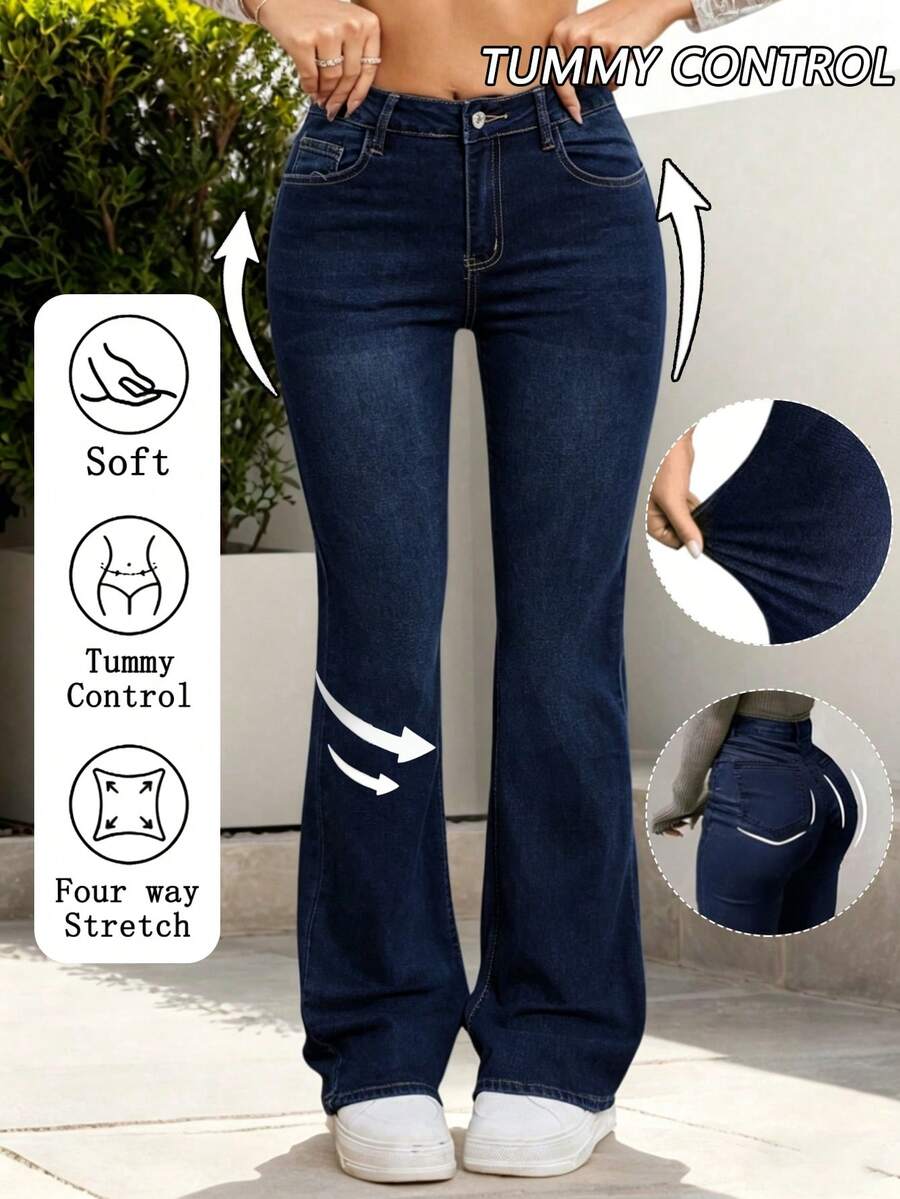 Pantalones vaqueros de mujer con bolsillo delantero y abotonado, Jeans acampanados elásticos, ajustados y versátiles para mujer, estilo casual sencillo, campana para uso diario - 2002 - Ver 1