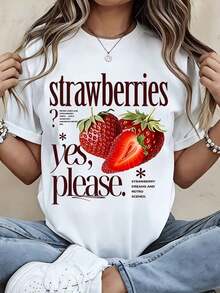 Strawberry Print Casual T-Shirt "Yes, Please", Retro Vintage Style, Women's Graphic T-Shirt, Summer Casual Top, Fruit Design, Fashion T-Shirts, 100% Cotton, Durable - 白色 - 查看 1