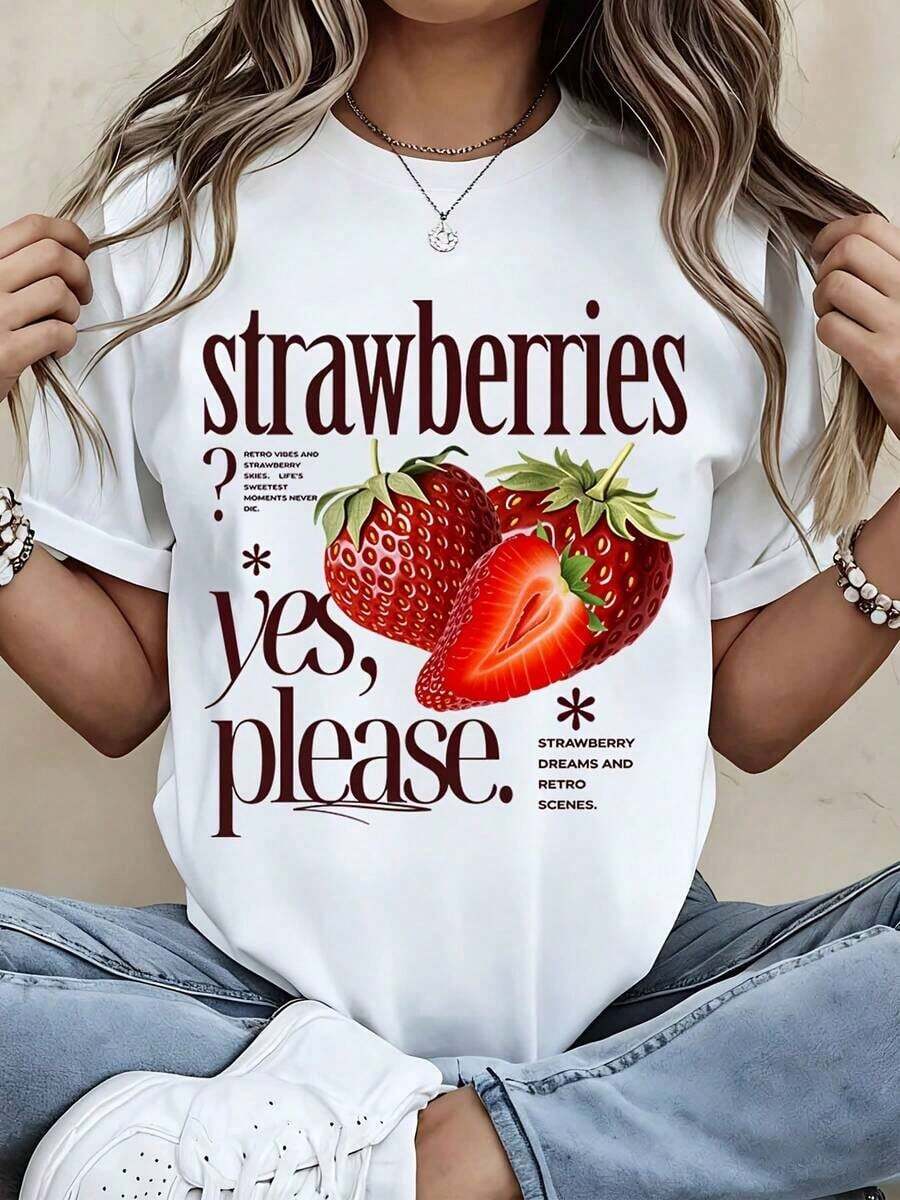 Strawberry Print Casual T-Shirt "Yes, Please", Retro Vintage Style, Women's Graphic T-Shirt, Summer Casual Top, Fruit Design, Fashion T-Shirts, 100% Cotton, Durable - 白色 - 查看 1