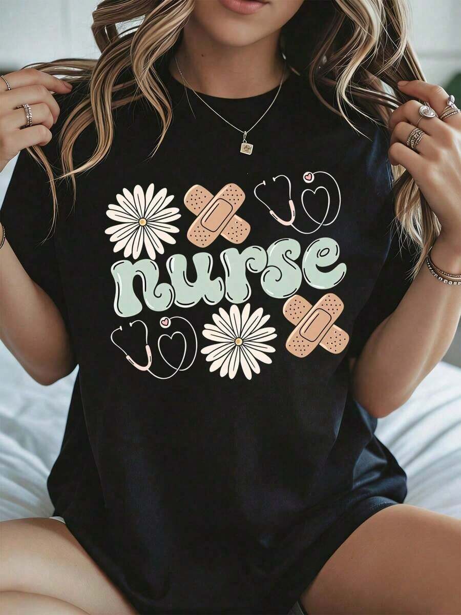 Elegante y casual para mujer, manga corta, camiseta de enfermera para el Día de las Enfermeras, estampado de margaritas, vendaje, estetoscopio y corazón, ropa casual negra para mujer, primavera verano. - Negro - Ver 1