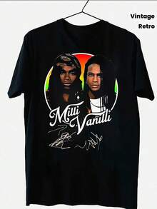 Camiseta de Cuello Redondo Divertida para Hombre y Mujer, Talla Grande - Camiseta Gráfica Vintage de la Banda Milli Vanilli - Camiseta Retro de los 90 con Logotipo y Retratos de Miembros, Camiseta Casual Unisex para Hombre y Mujer (Tallas S-5XL), Ropa Musical Nostálgica Lavable a Máquina, Impresión de Alta Calidad, Ajuste Cómodo - Negro - Ver 7