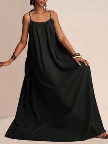 xheZivah Vestido holgado de mujer con textura vertical, corte suelto, de color caqui, de manga corta y ajustable, apropiado para el verano de 2025, festivales de música, Pascua, Día de San Patricio, estilo occidental, estilo nómada, fiestas de cumpleaños, temporada de graduación, uso casual diario, versátil, de ocio, vacaciones, viajes en crucero, playa, tomar el sol, popular en redes sociales. xhe - Negro - Ver 5