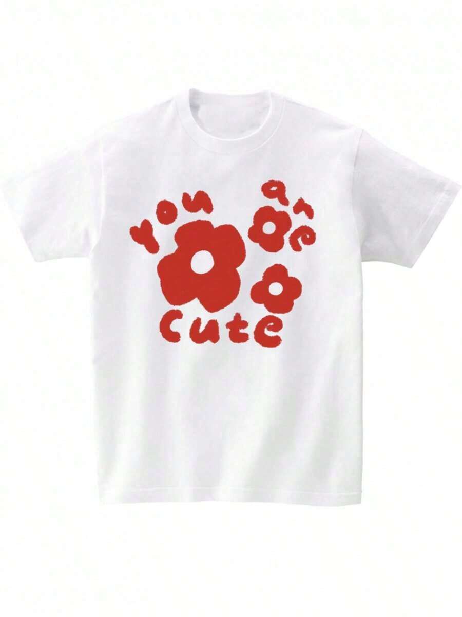 NewSummerCasual New Spring/Summer 2026 Collection: Elegant And Unique Women's Off-Shoulder T-Shirt, Summer Fashion, Short Sleeve, Vintage Floral Print With Creative Text "You Are Cute", Sweet And Cute Style, Comfortable And Soft To The Touch, Casual T-Shirt For Everyday Wear. Unisex Loose-Fitting Cotton Short-Sleeved Crew Neck Urban Vintage Style T-Shirt - 白色的 - 查看 1