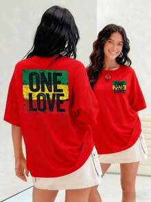 NewSummerCasualOne Love con franjas de colores reggae verde amarillo y rojo una declaración de unidad y positividad camiseta para mujer 100% algodón para un tacto suave y cómodo.-Vintage Street Style Unisex Loose Cotton Short Sleeve Crew Neck T-Shirt - Rojo - Ver 1