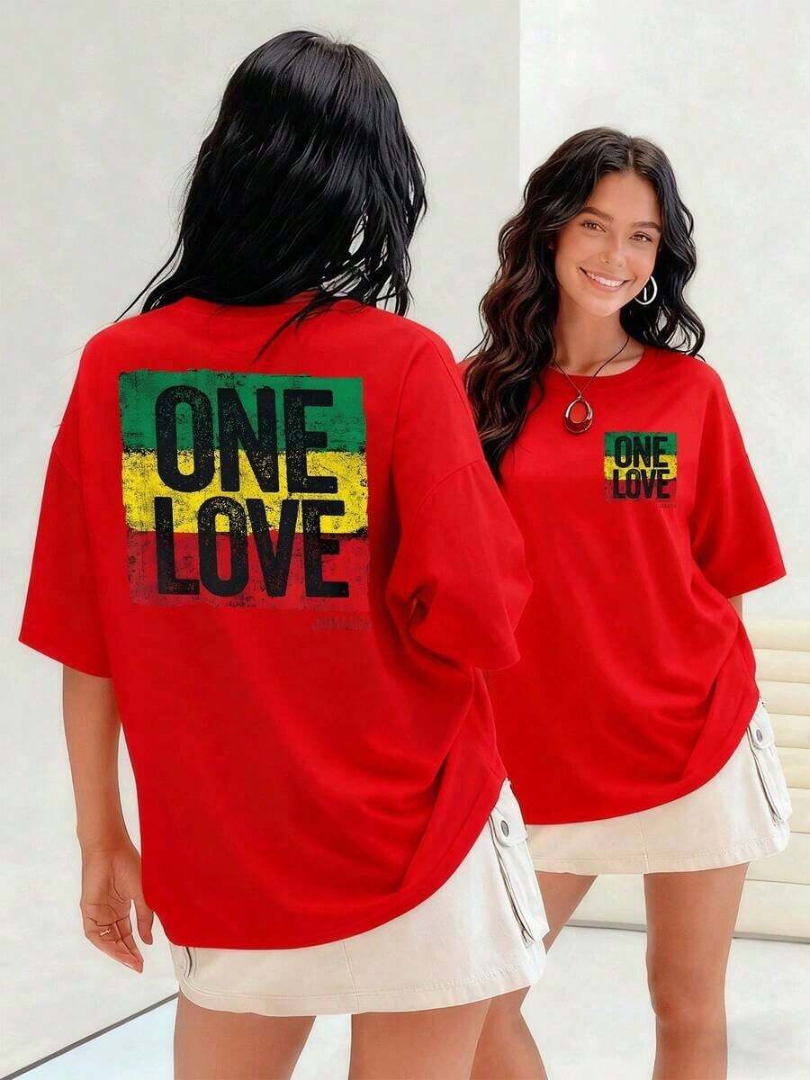 NewSummerCasualOne Love con franjas de colores reggae verde amarillo y rojo una declaración de unidad y positividad camiseta para mujer 100% algodón para un tacto suave y cómodo.-Vintage Street Style Unisex Loose Cotton Short Sleeve Crew Neck T-Shirt - Rojo - Ver 1