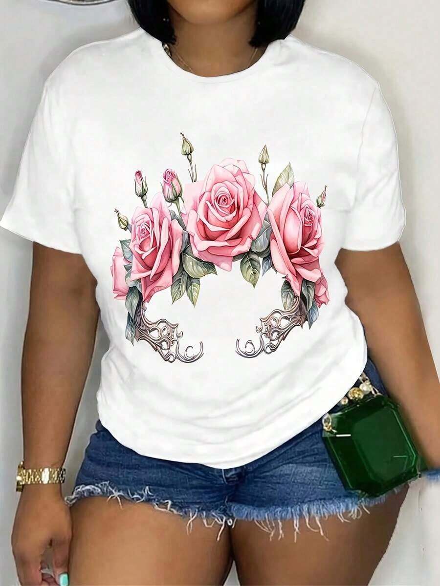 ModaModaCamiseta Casual de Manga Corta con Cuello Redondo para MujercuteEstampadaEstampada - Blanco - Ver 1