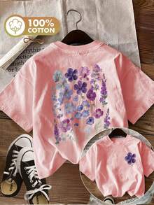 Edición Limitada [Impresión a Doble Cara] Camiseta Casual de Verano para Mujer, Estilo Floral Prensado, Estampado de Flores Azules y Moradas, Cuello Redondo, Manga Corta, Algodón Ligero [Ling K] - Blanco - Ver 10