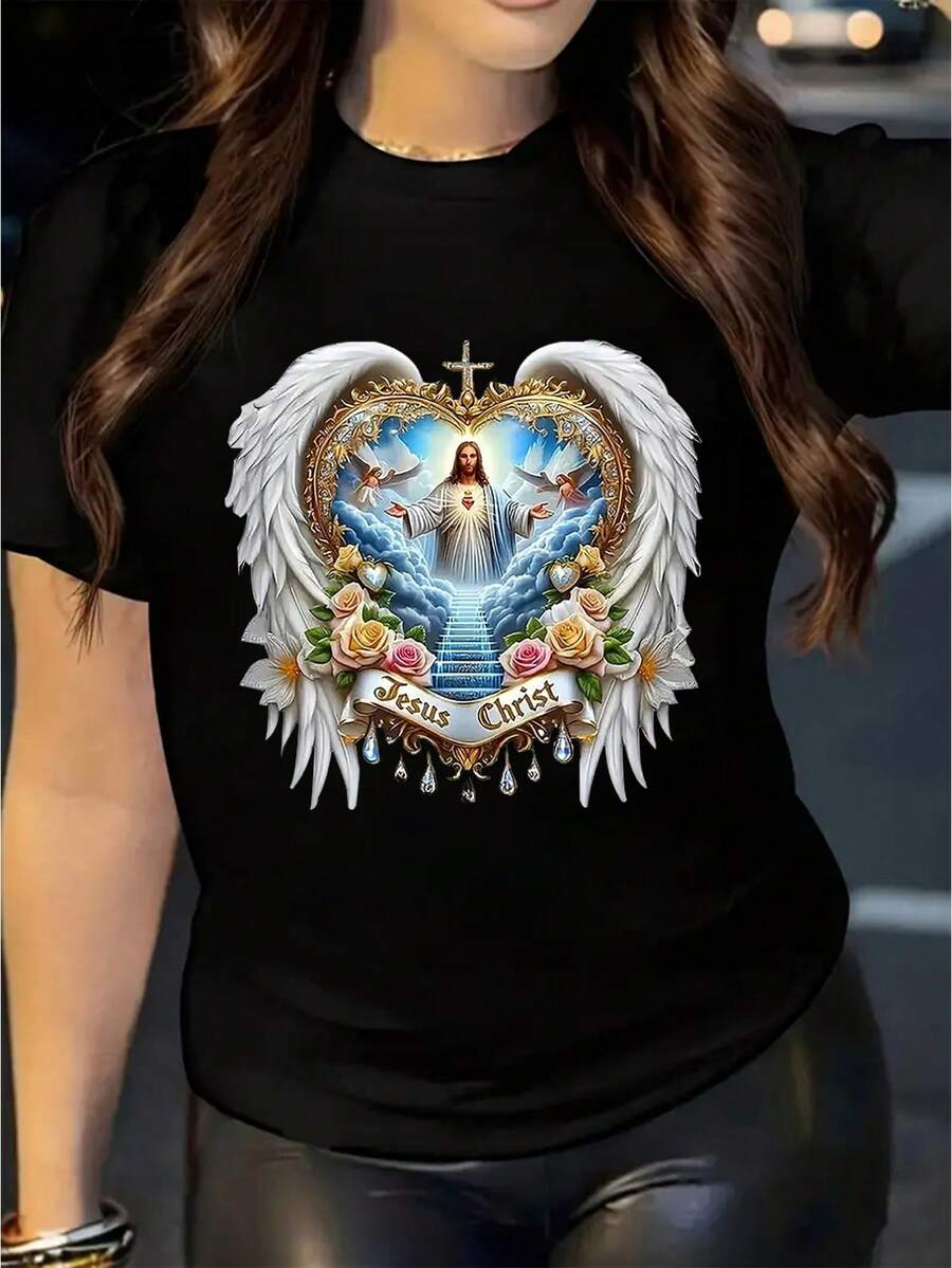 New Spring And Summer Collection Featuring A Winged Paradise Jesus Print, A Women'S Short-Sleeve Casual T-Shirt With A Round Neck, Suitable For All Seasons. - Black - View 1