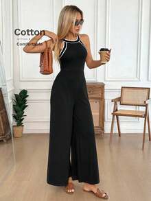 Mono de pierna ancha con contraste en el escote y la cintura, de tela de algodón cómoda, uso casual, relajado y elegante para la oficina/vacaciones para mujeres, primavera/verano - Blanco - Ver 1