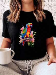Women's Round Neck T-Shirt With Parrot Print, Casual Summer T-Shirt, Sporty, For Fitness, Daily Wear, Outdoor, At Home, Breathable, Short Sleeve. - 黑色 - 查看 2