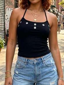 Women Summer Halter Neck Tank Top Backless Cami Top For Club Holidays Beach - Black - View 9