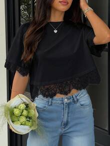 Pure Cotton Comfortable Versatile Lace Patchwork Casual Street Vacation T-Shirt Top, Spring/Summer Black, Effortless Style - Black - View 4