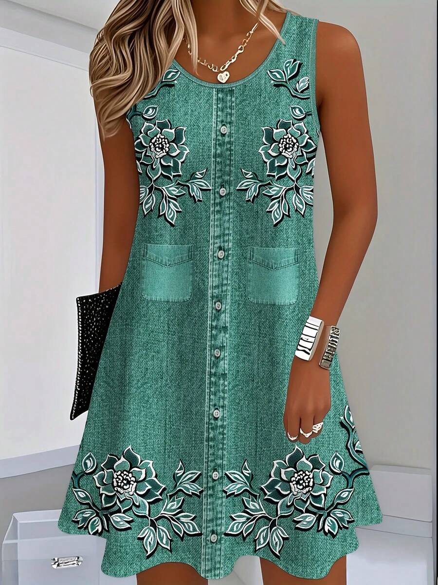 Vestido Informal de Mujer con Estampado Floral Digital, Imitación de Mezclilla, Cuello Redondo, Fibra Sedosa, Vestido de Verano Azul y Blanco, Corte Regular - LEHLC20261012Z - Ver 1