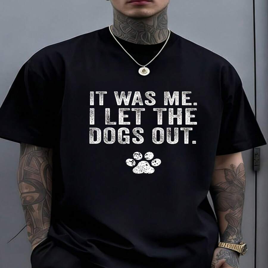 Diversión exclusiva con decoración para el Día de la Independencia y el Día del Padre: ?Dejé salir al perro! Camiseta para amantes de los perros, estampado blanco desgastado, camiseta informal negra de tejido grueso, manga corta, cuello redondo, adecuada para uso casual masculino, paseos con el perro, agradable para la piel, cálida, colores resistentes, adecuada para citas y uso diario en pareja. - Negro - Ver 1