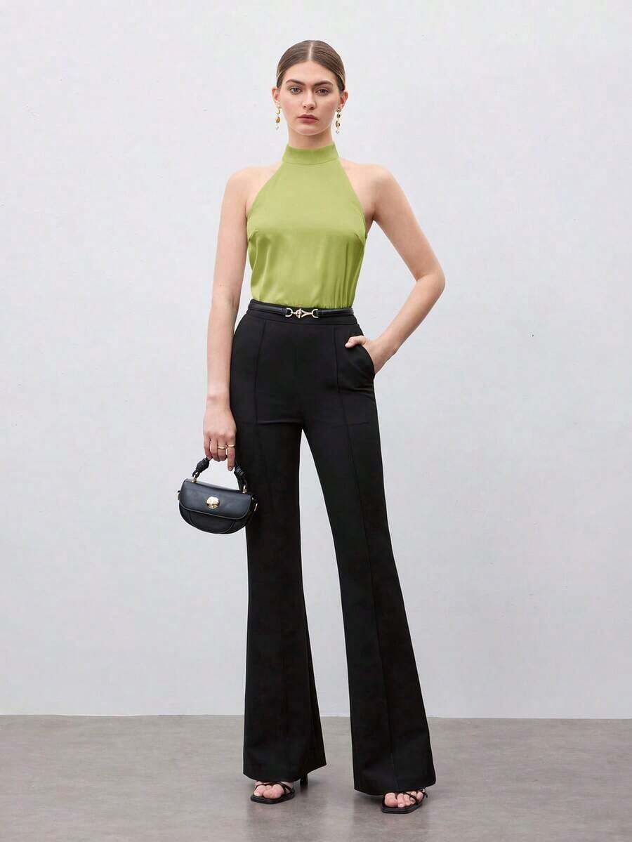 de satén de unicolor para mujer, camisa casual de verano con cuello en V, elegante para la oficina - Verde - Ver 1